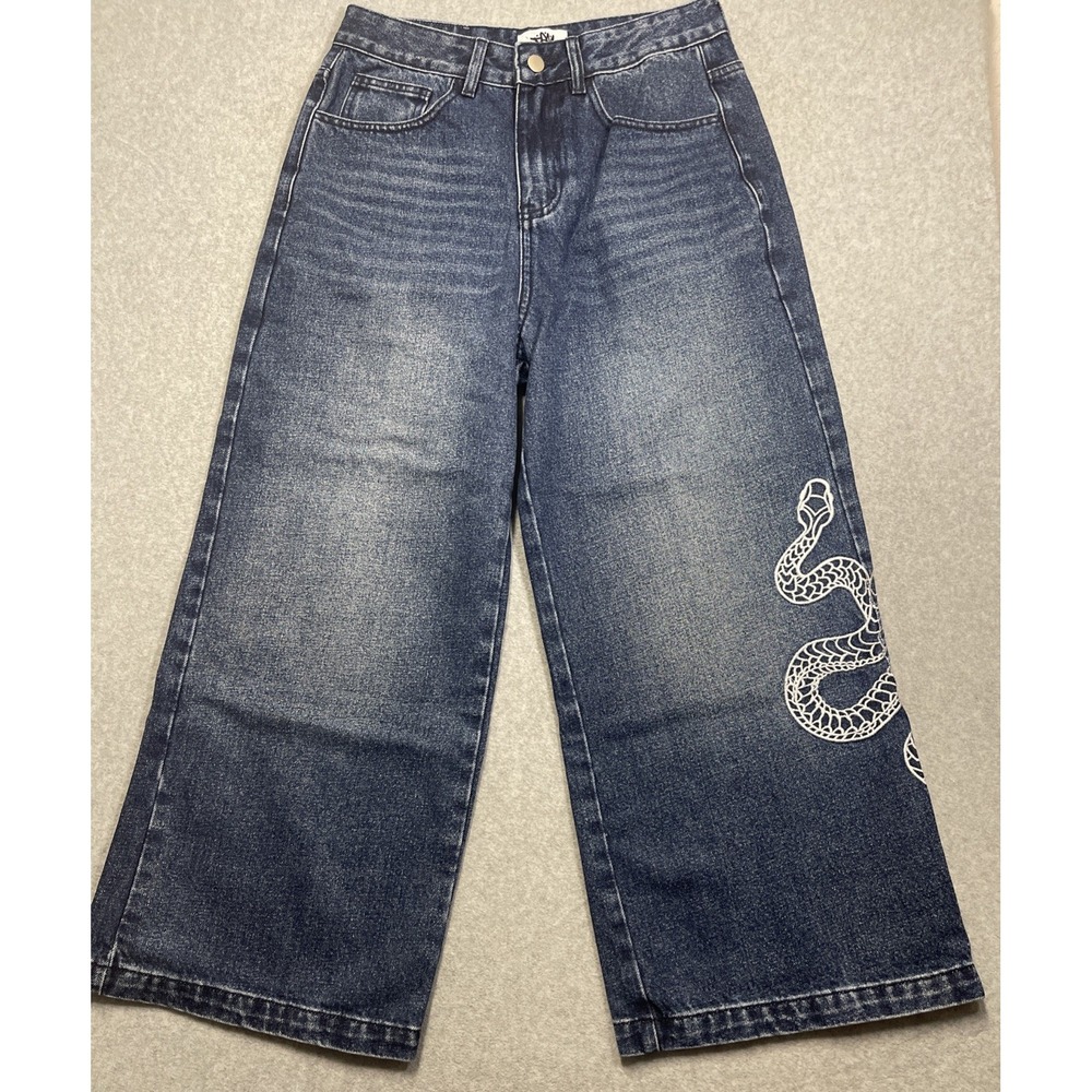 DEM Men's Snake Embroidered Wide Leg Jeans Sz S Blue Baggy Skater Streetwear